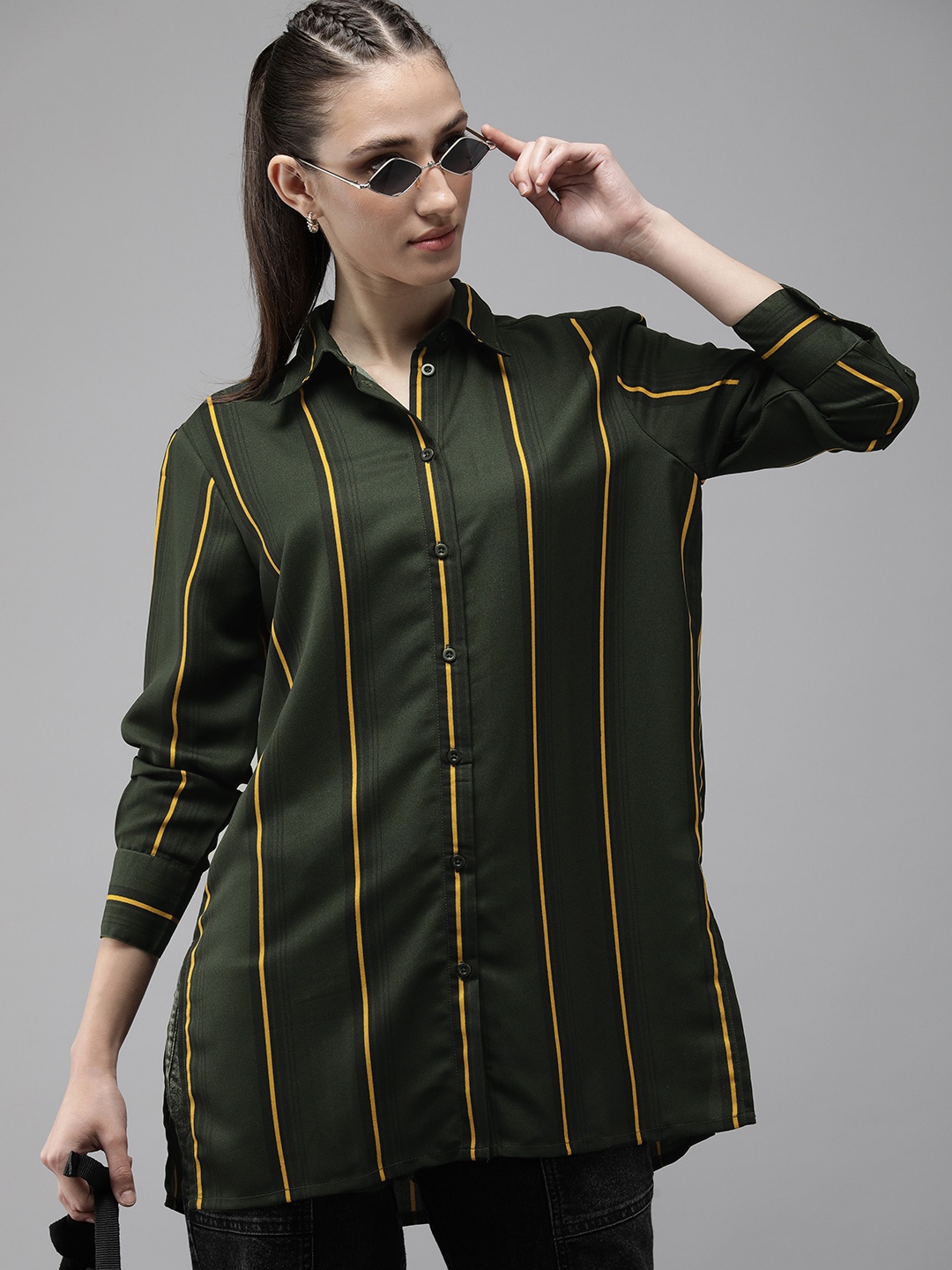 

The Roadster Life Co. Striped Longline Casual Shirt, Olive