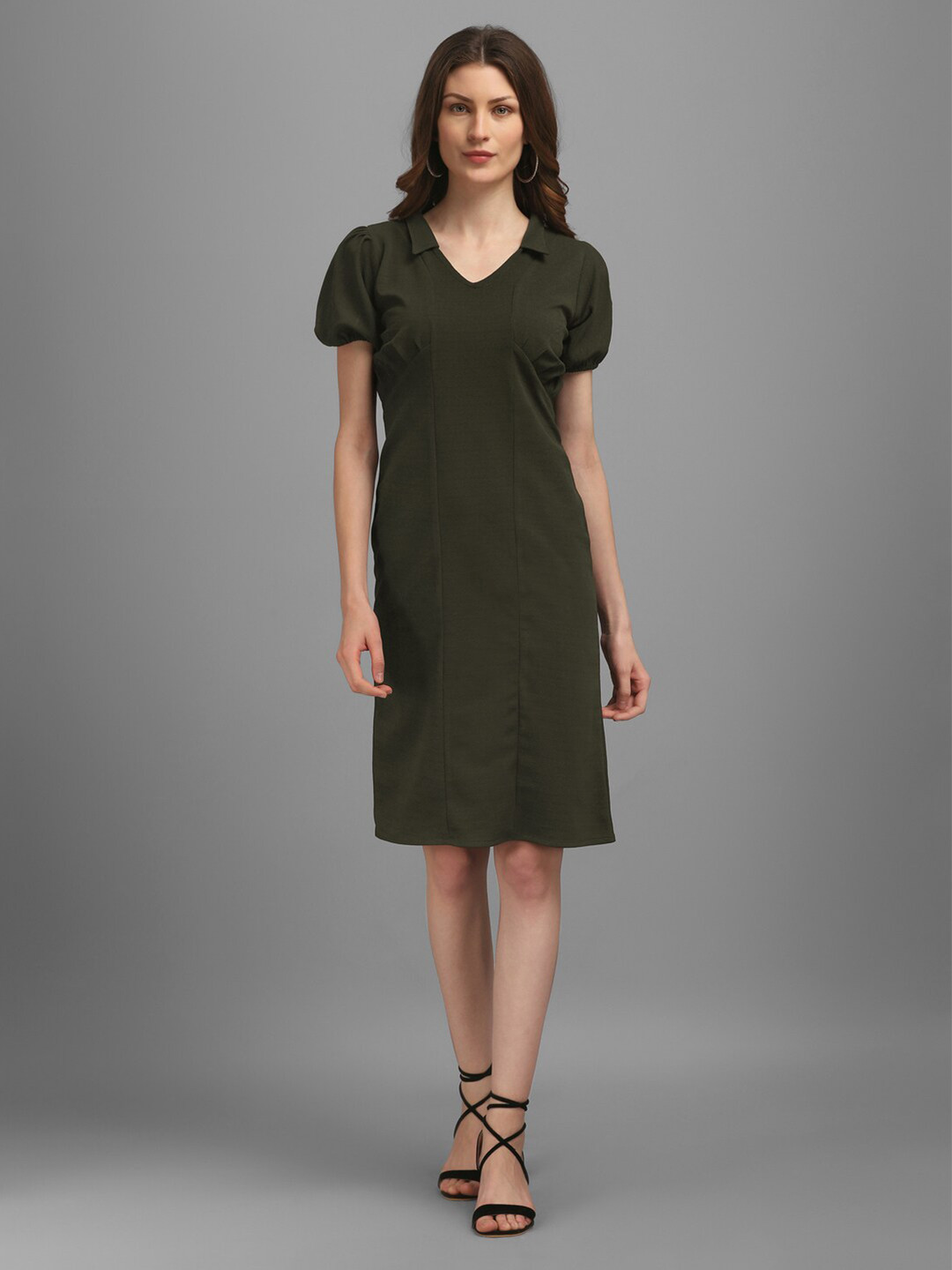 

PURVAJA Women Shirt Collar Sheath Dress, Olive