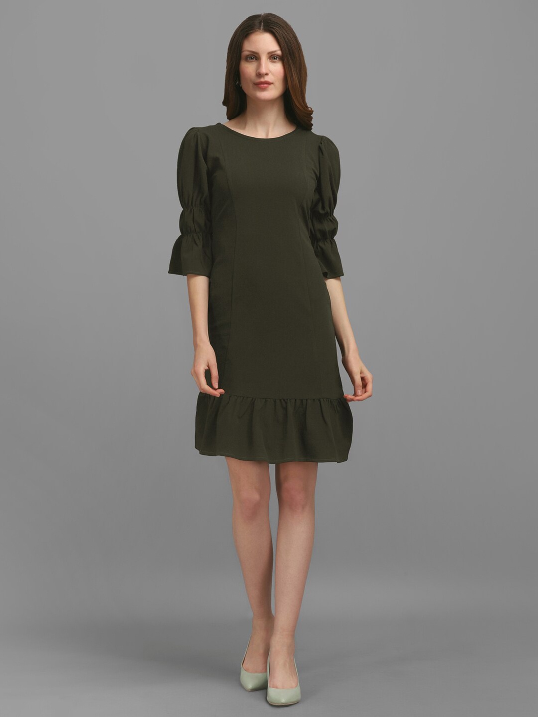 

PURVAJA Women Round Neck Sheath Dress, Olive