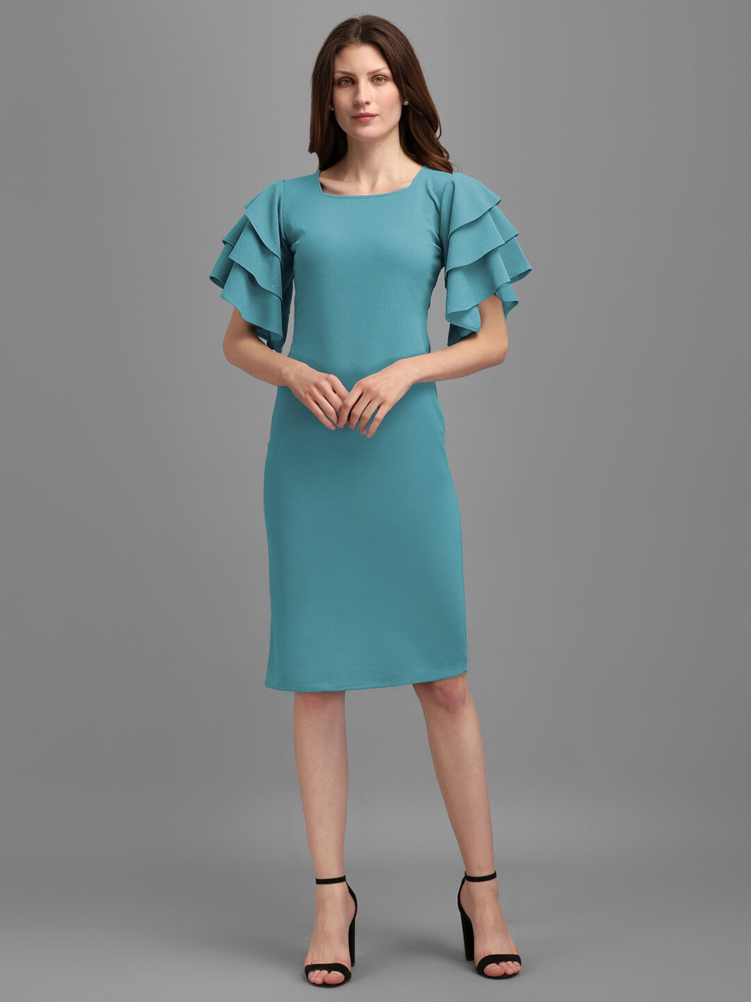 

PURVAJA Women Round Neck Sheath Dress, Turquoise blue