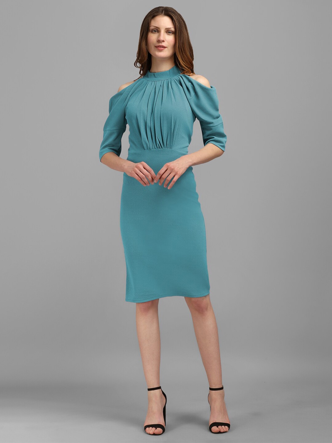 

PURVAJA Women Cold-Shoulder Sleeves Sheath Dress, Turquoise blue