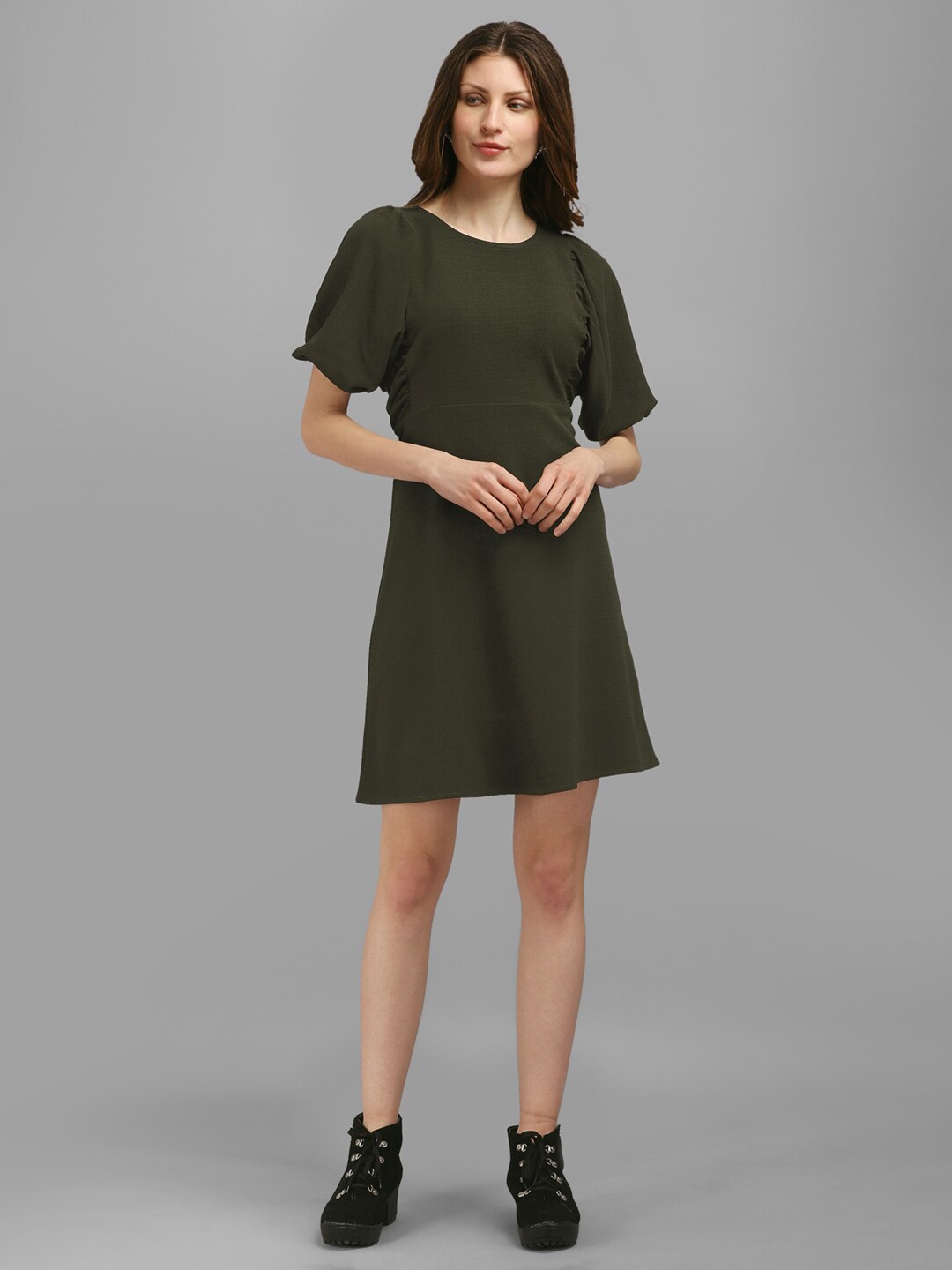 

PURVAJA Women Round Neck A-Line Dress, Olive