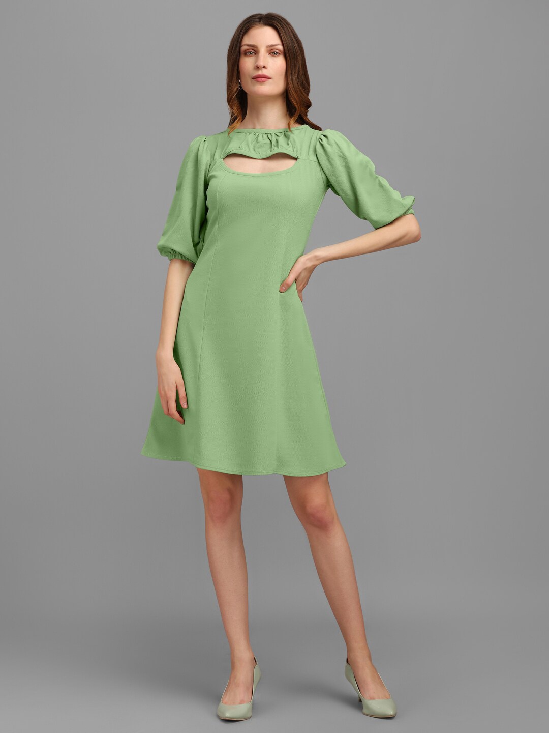 

PURVAJA Women Round Neck A-Line Dress, Lime green