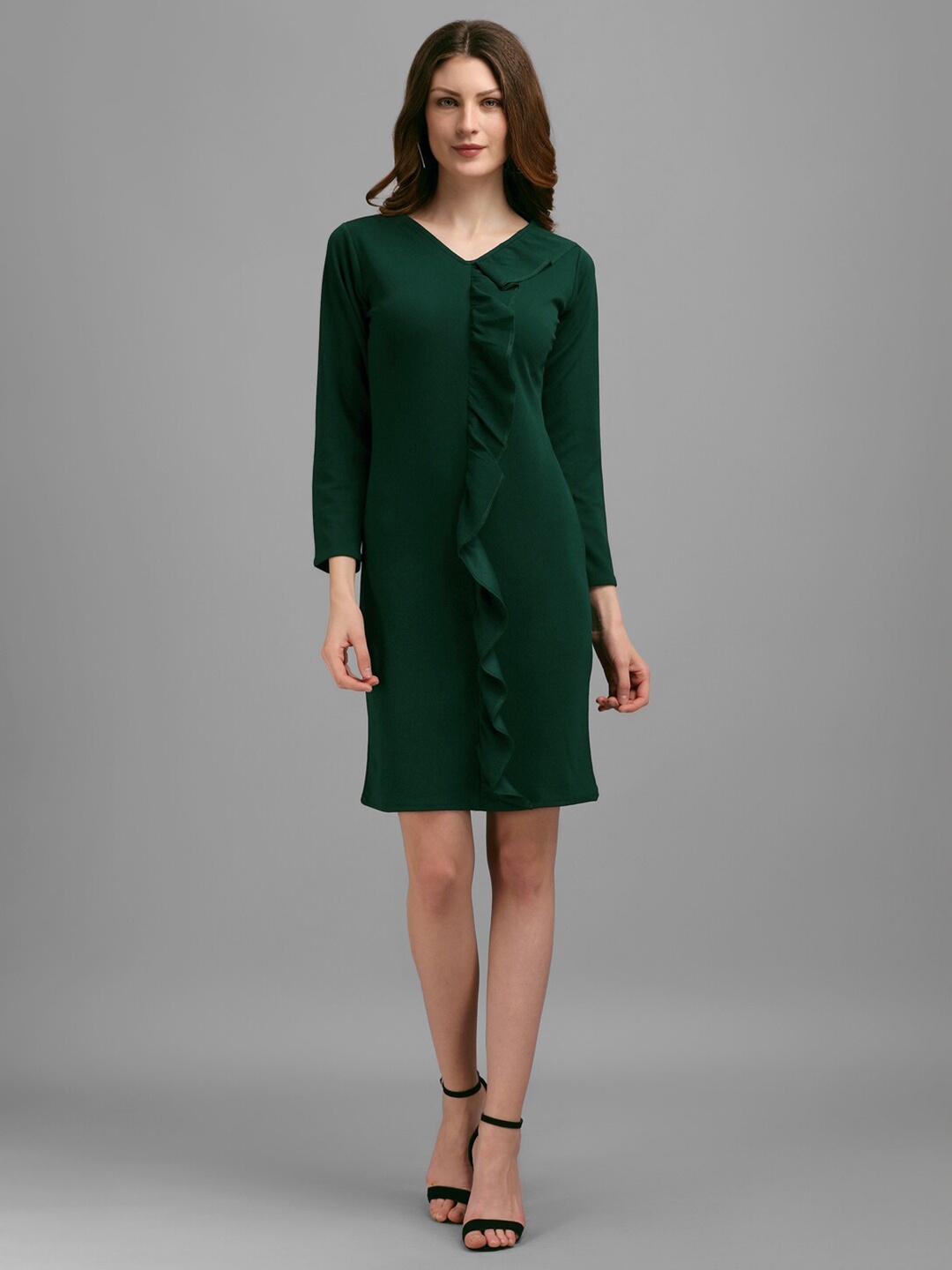

PURVAJA V-Neck Ruffle Sheath Dress, Green