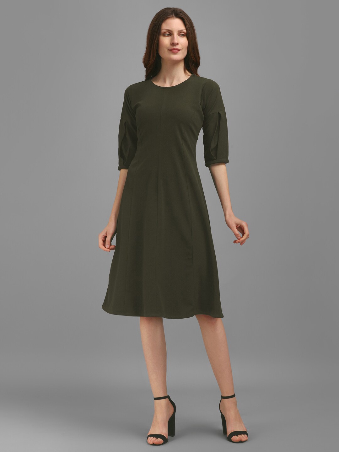 

PURVAJA Women Round Neck A-Line Dress, Olive