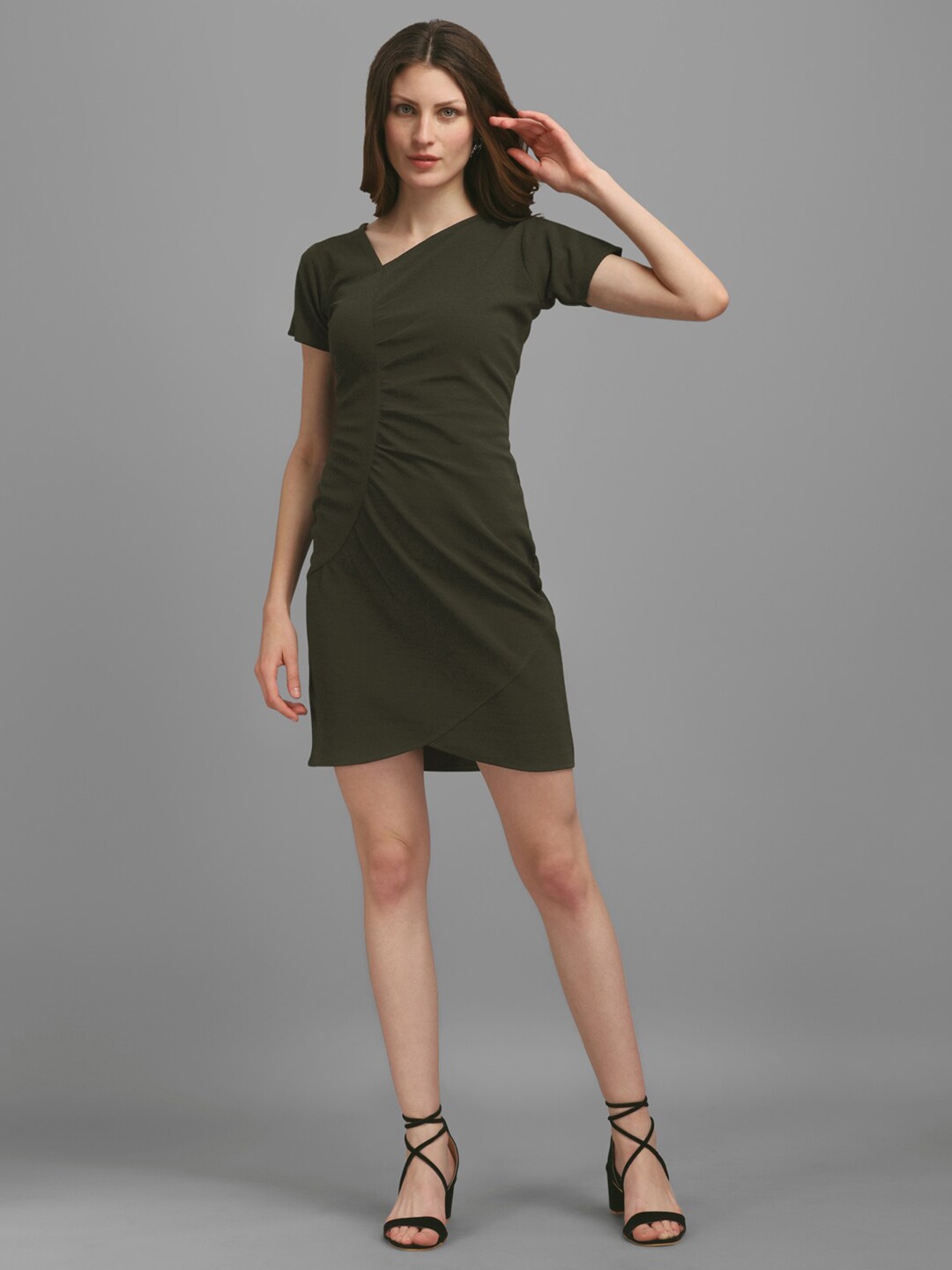 

PURVAJA Women Asymmetric Neck Sheath Dress, Olive