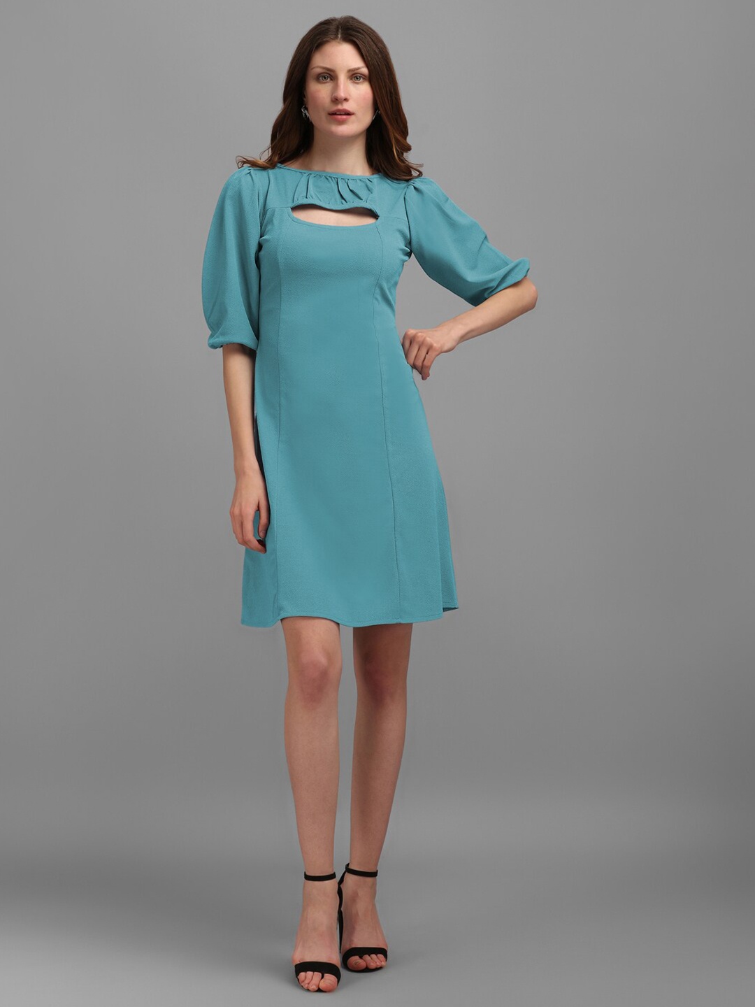 

PURVAJA Puff Sleeves A-Line Dress, Turquoise blue