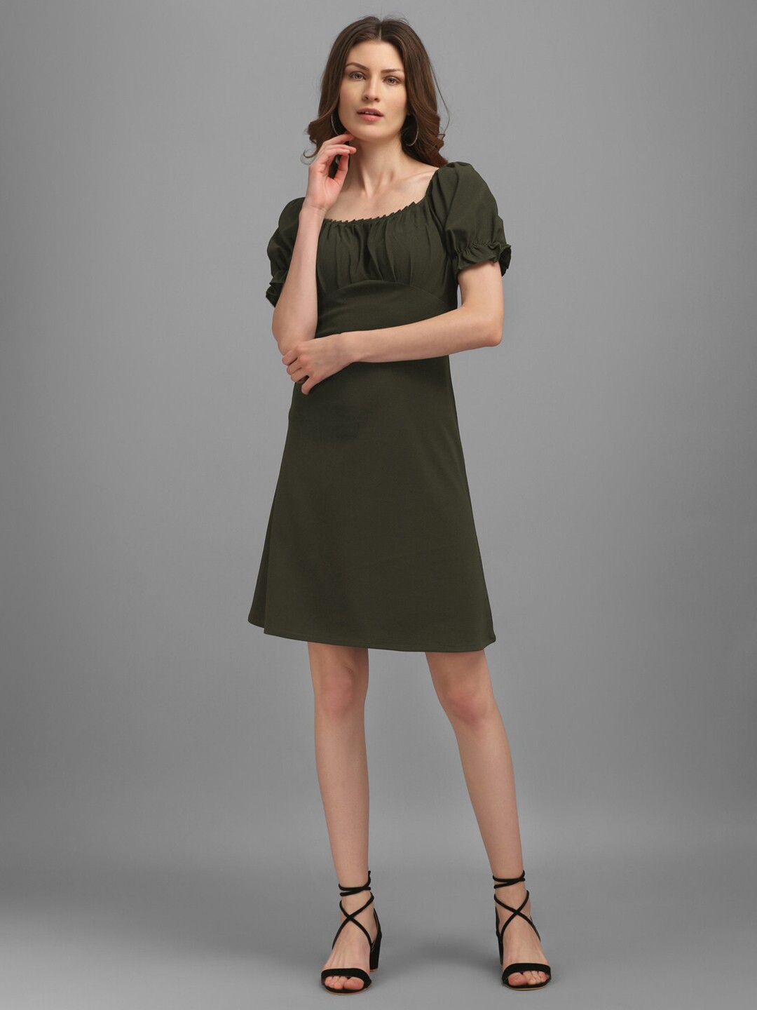 

PURVAJA Women Square Neck A-Line Dress, Olive