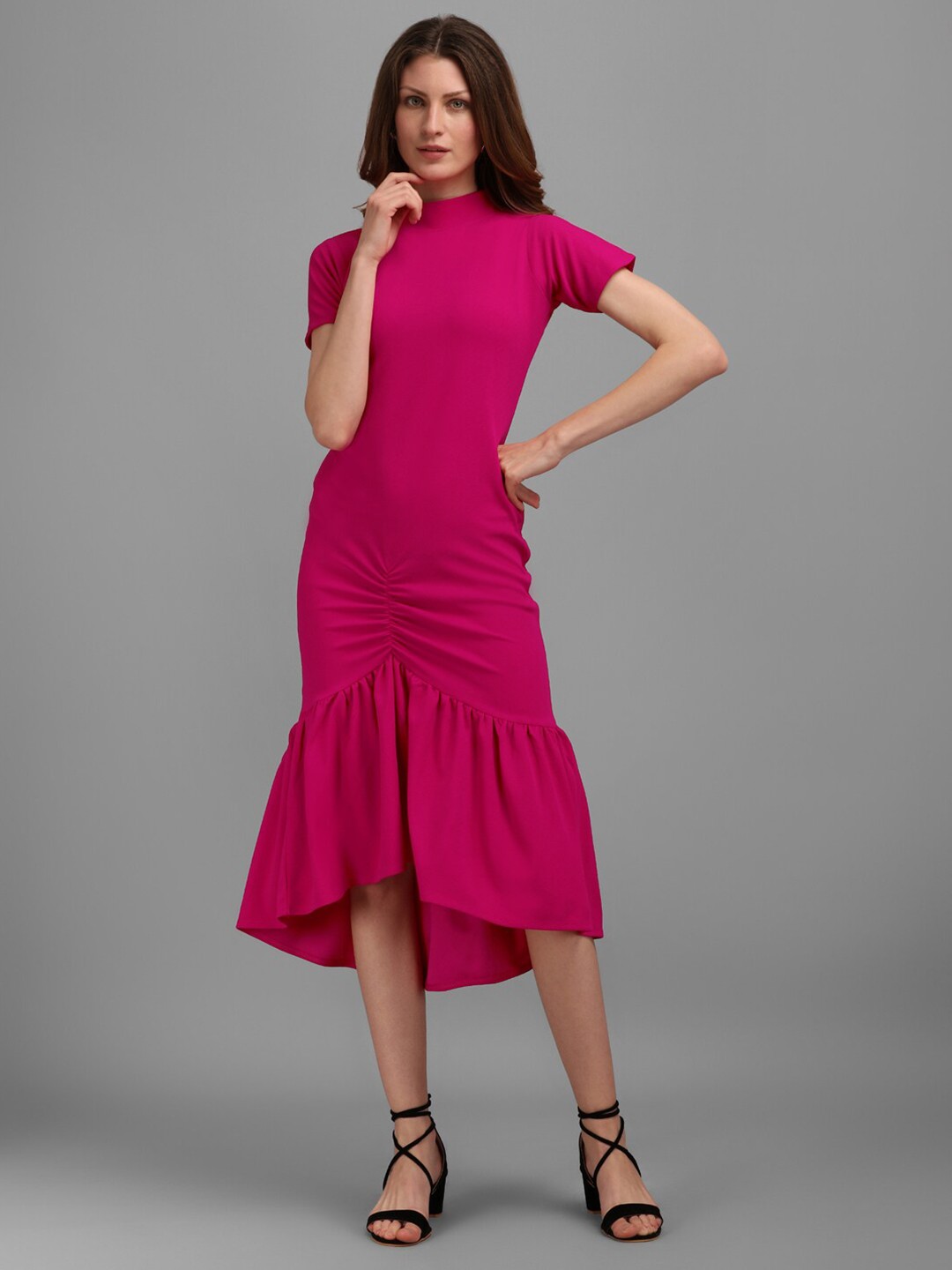

PURVAJA Women Round Neck Sheath Midi Dress, Pink