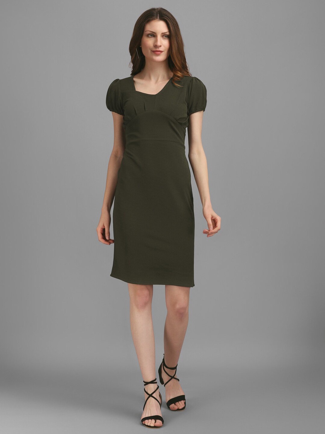 

PURVAJA Women Asymmetric Neck Sheath Dress, Olive