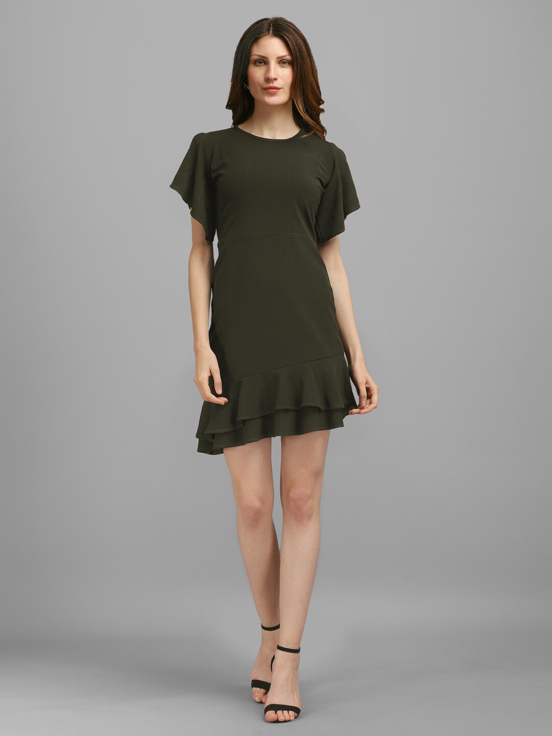 

PURVAJA Women Round Neck A-Line Dress, Olive