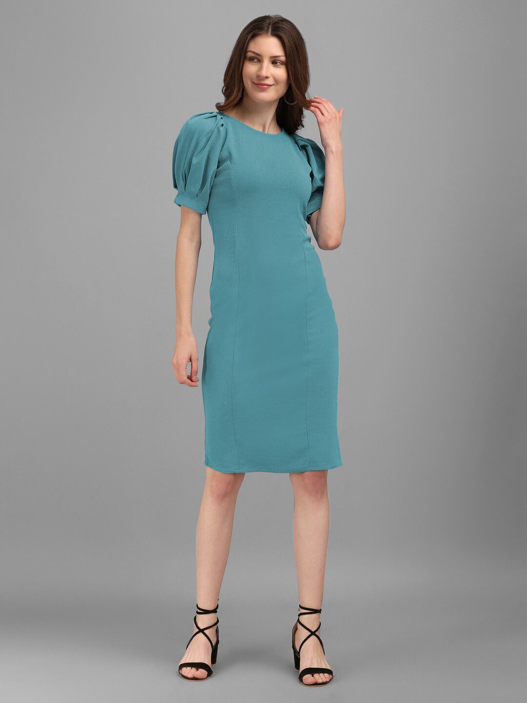 

PURVAJA Women Round Neck Sheath Dress, Turquoise blue