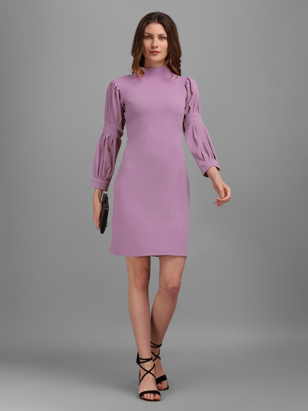 

PURVAJA Lavender Mock Neck Puff Sleeves Straight Sheath Dress