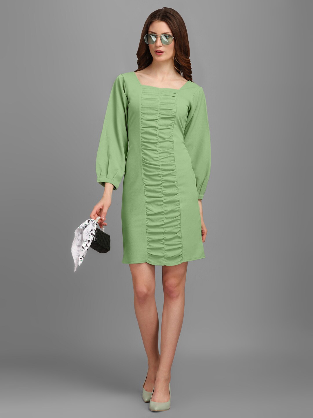 

PURVAJA Lime Green Gathered Detailed Puff Sleeves Straight Sheath Dress