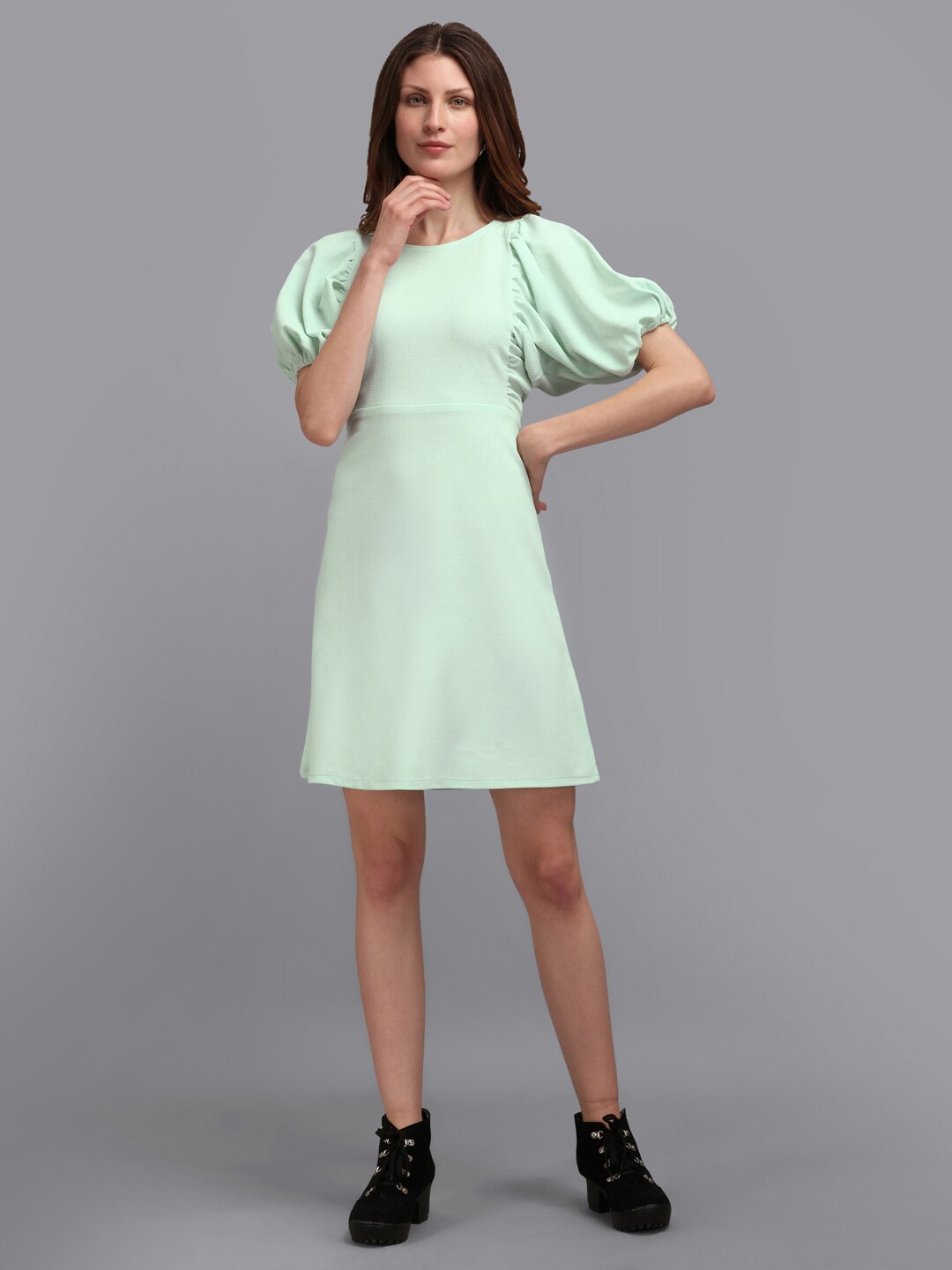 

PURVAJA Sea Green Puff Sleeves Straight A-Line Dress