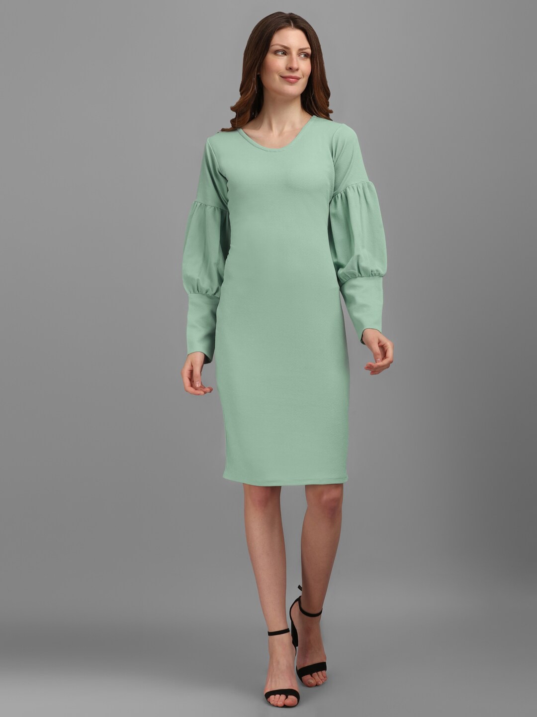 

PURVAJA Sea Green Puff Sleeves V-Neck Sheath Dress