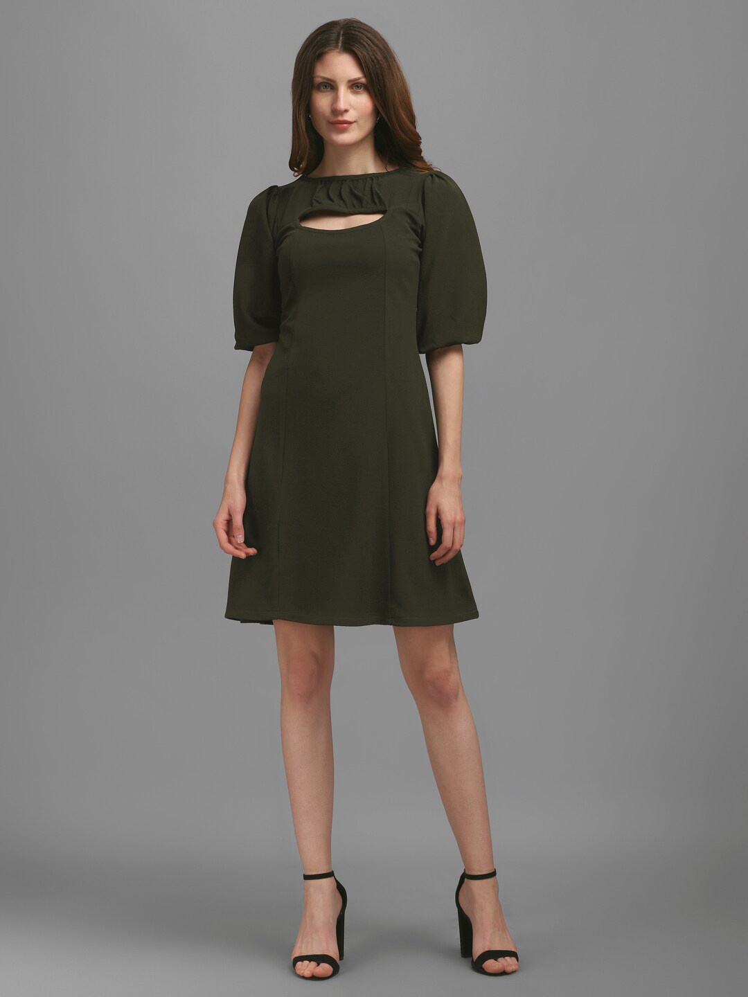 

PURVAJA Olive Green Cut-Out Detailed Puff Sleeves A-Line Dress