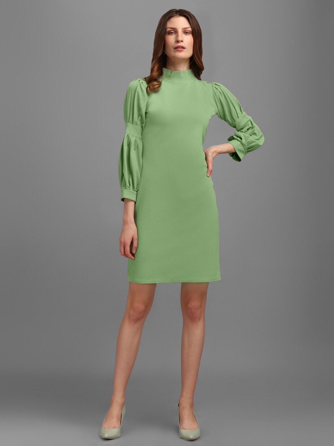 

PURVAJA Green Mock Neck Puff Sleeves Sheath Dress