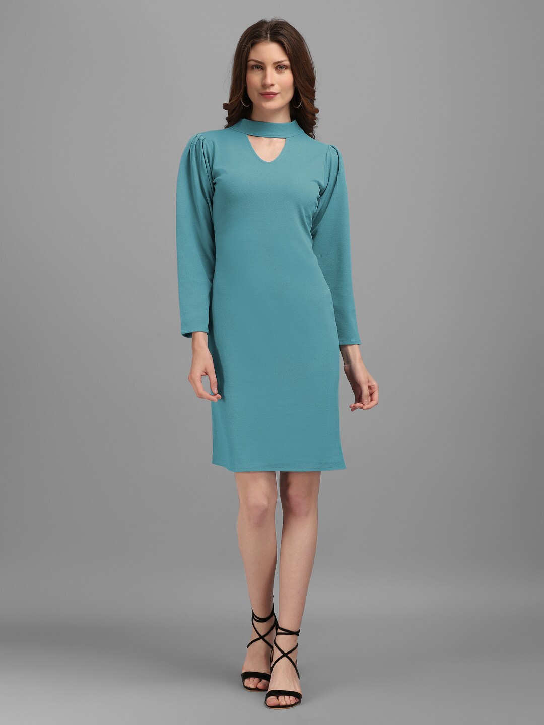 

PURVAJA Turquoise Blue Keyhole Neck Puff Sleeves Sheath Dress