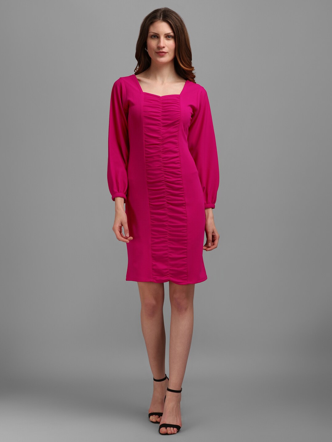 

PURVAJA Fuchsia Gathered Sweetheart Neck Sheath Dress