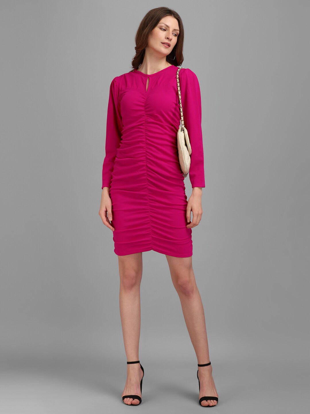 

PURVAJA Fuchsia Keyhole Neck Gathered Detailed Bodycon Dress