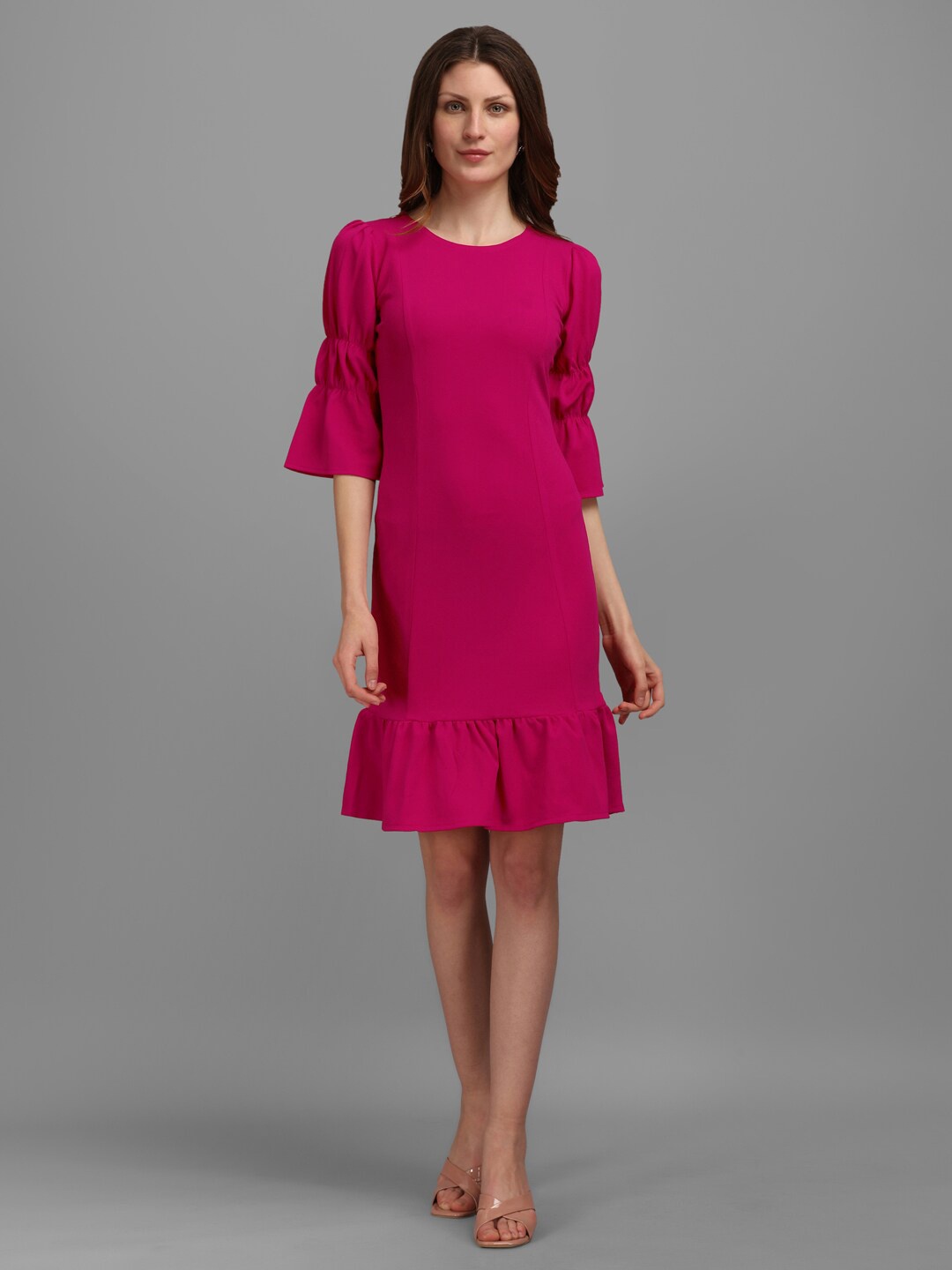 

PURVAJA Fuchsia Bell sleeves Flounce Sheath Dress