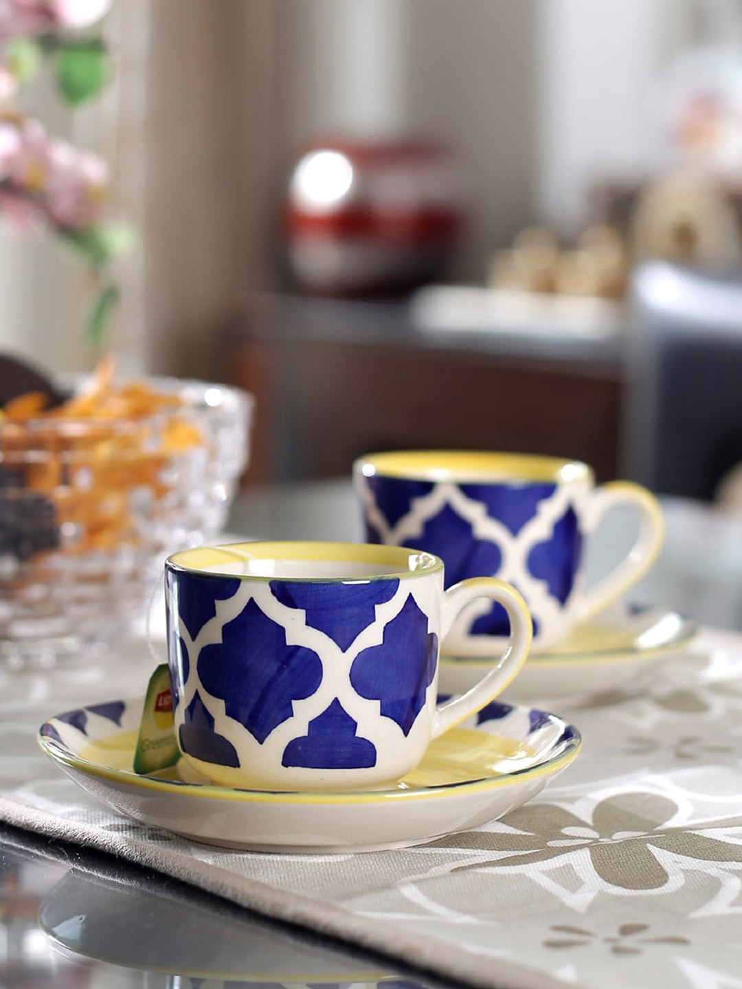 

VarEesha Moroccan Blue Yellow & Blue Set Of 6 Ceramic Cups and Saucers Set 130 ml Each