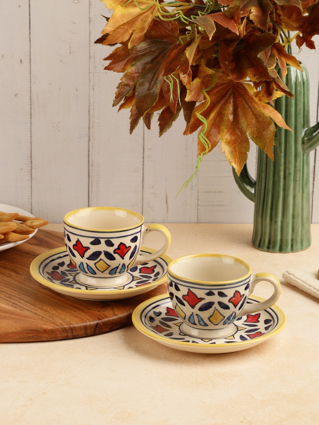 

VarEesha Rangriti Yellow & White Set Of 6 Ceramic Cups and Saucers Set 120 ml Each