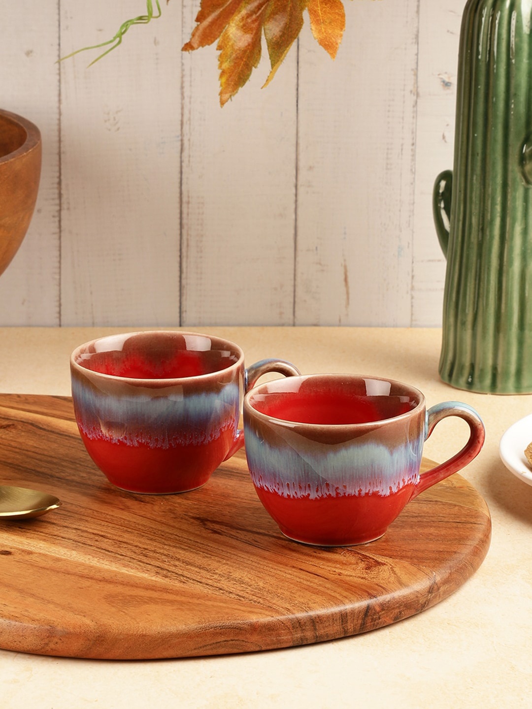 

VarEesha Zafran Red & Brown Set Of 6 Printed Ceramic Glossy Cups 130 ML Each