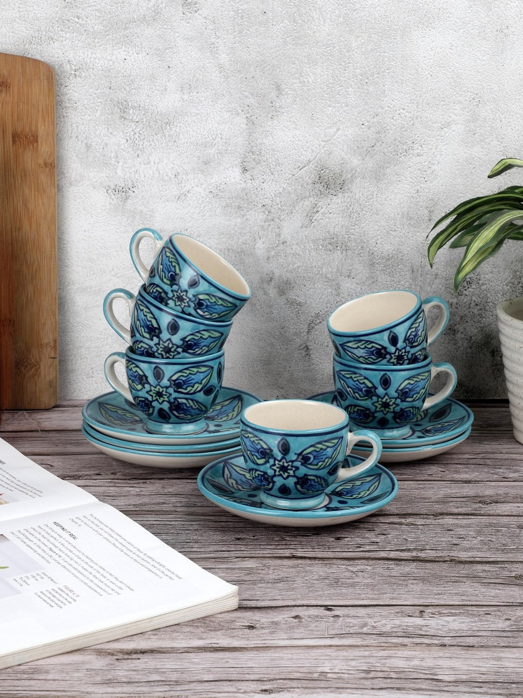 

VarEesha Vrinda Green & Blue Set Of 6 Ceramic Cups and Saucers Set 150 ml Each