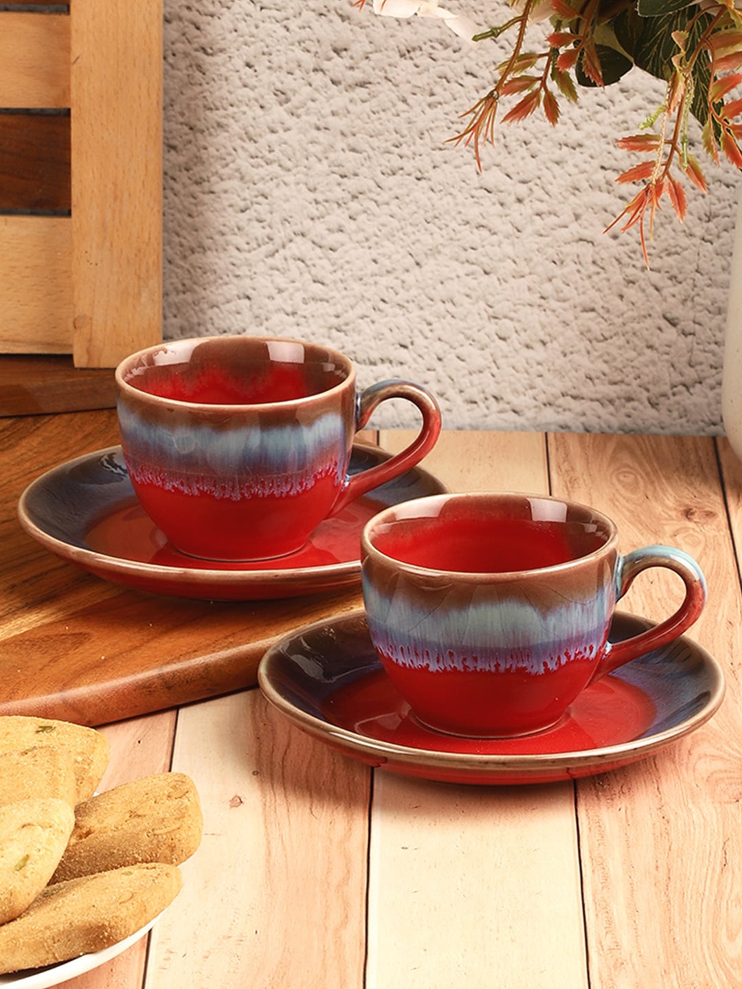 

VarEesha Zafran Red & Grey Set Of 6 Ceramic Cups and Saucers Set 130 ml Each