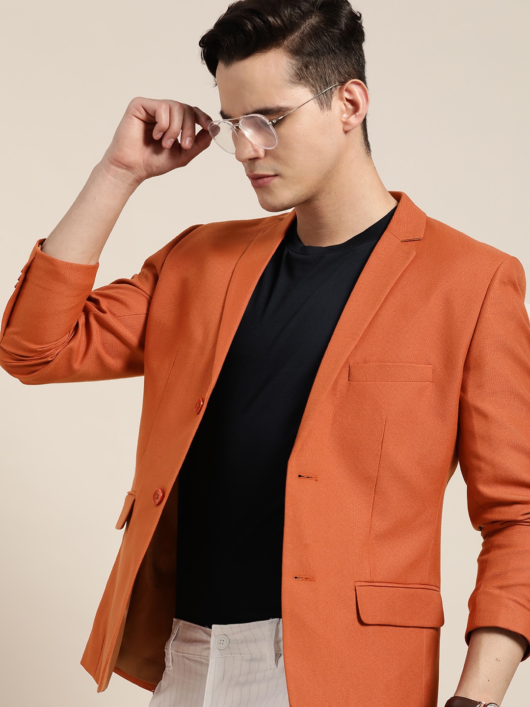 

INVICTUS Men Notched Lapel Collar Slim-Fit Textured Blazer, Rust