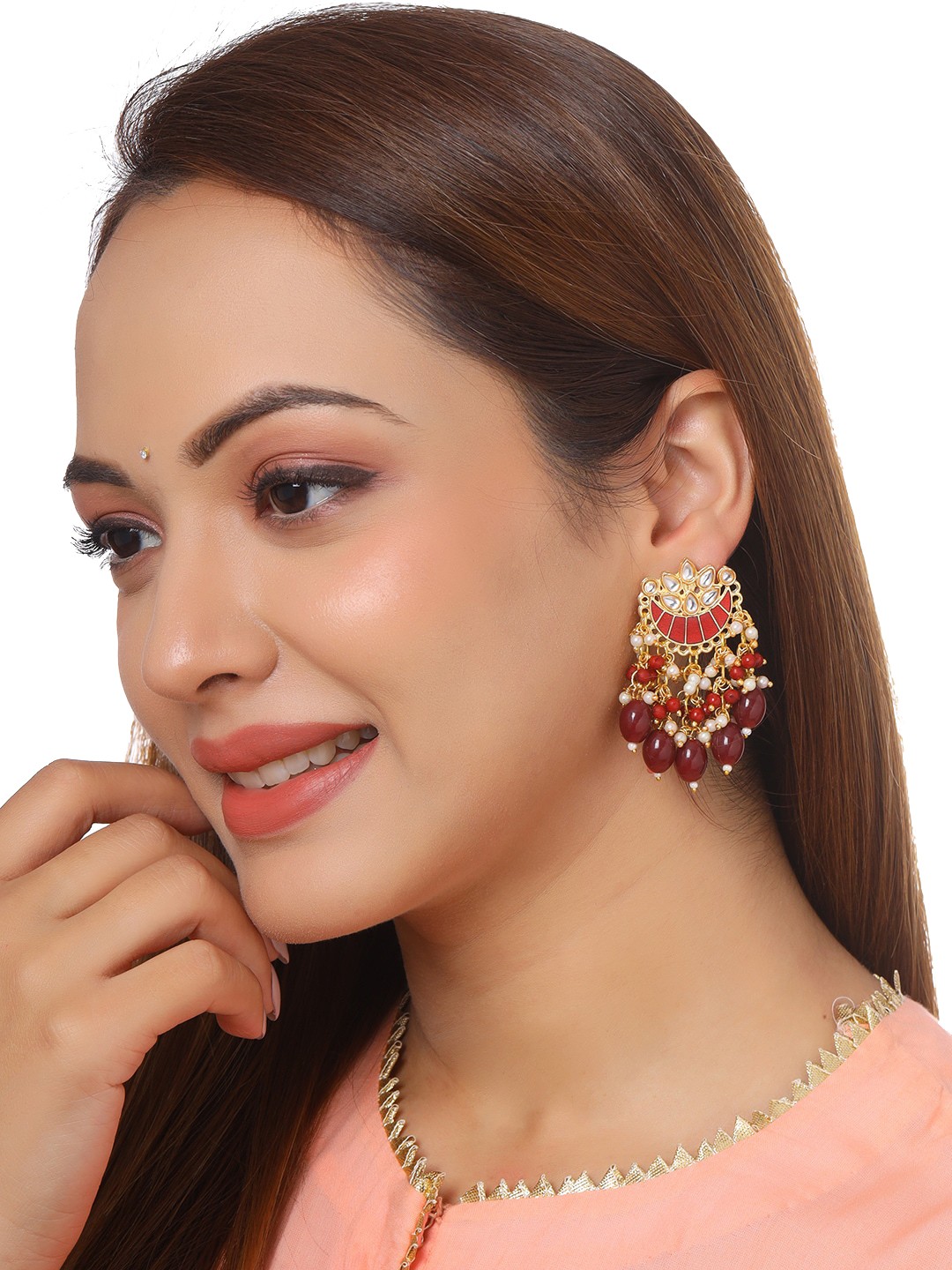 

THE AAB STUDIO Maroon Gold Plated Crescent Shaped Chandbalis Earrings