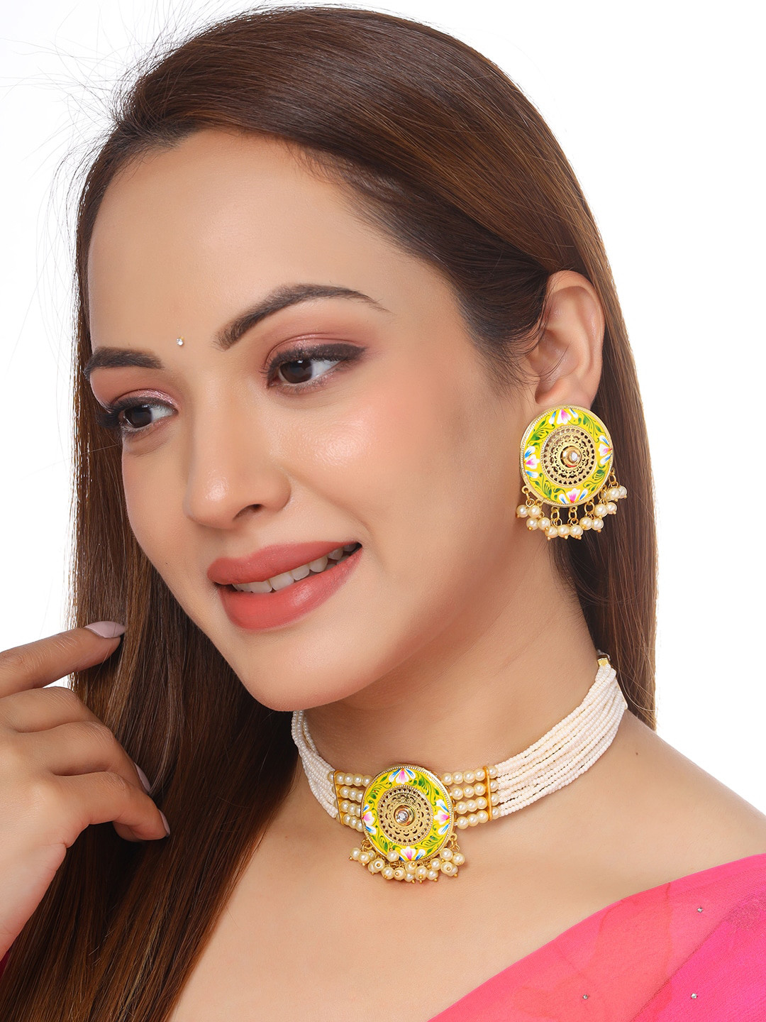 

THE AAB STUDIO Gold-Plated Yellow & White Kundan Studded & Beaded Jewellery Set