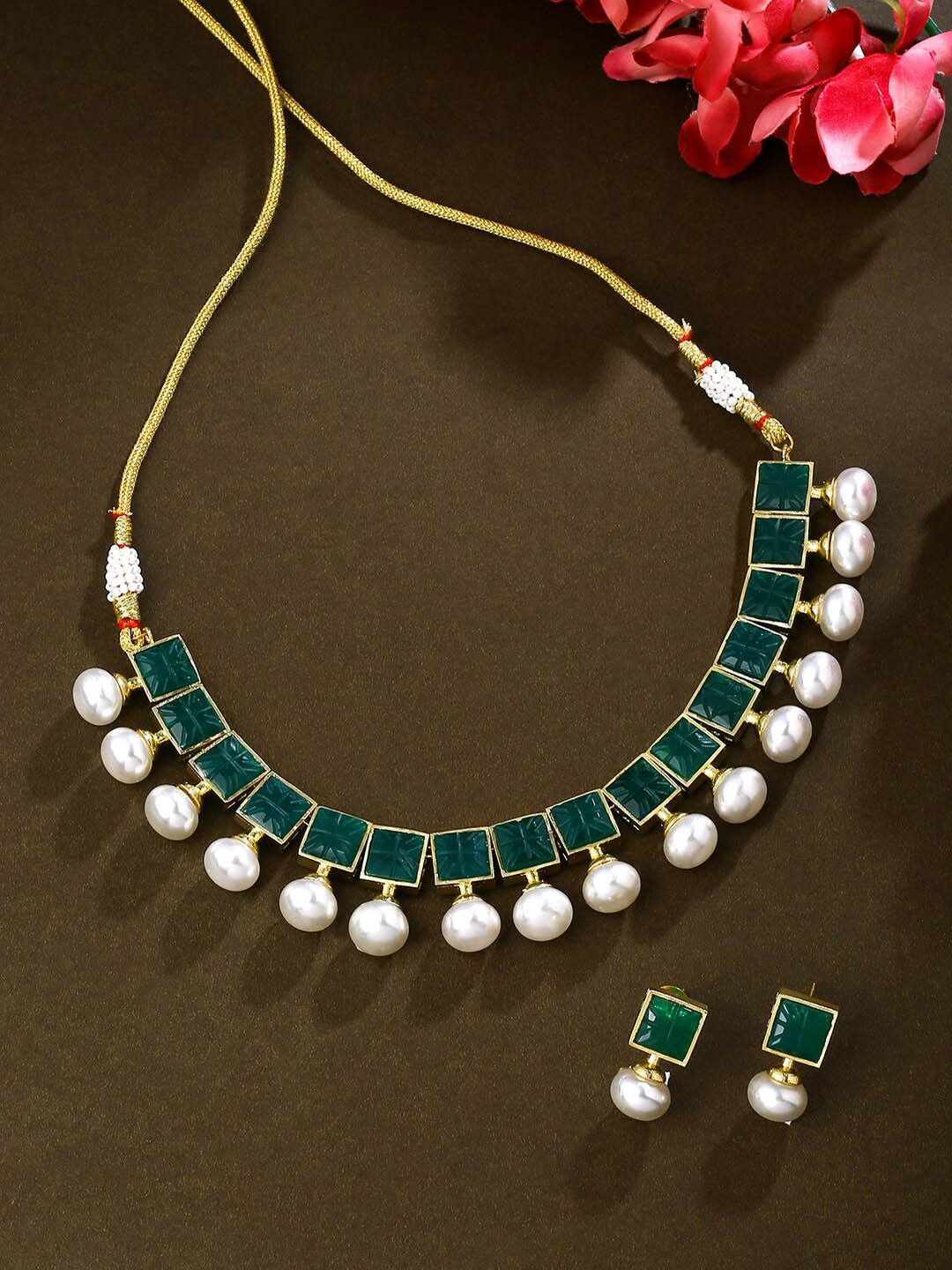 

THE AAB STUDIO Women Gold-Plated White & Green Stone Studded & Beaded Jewellery Set