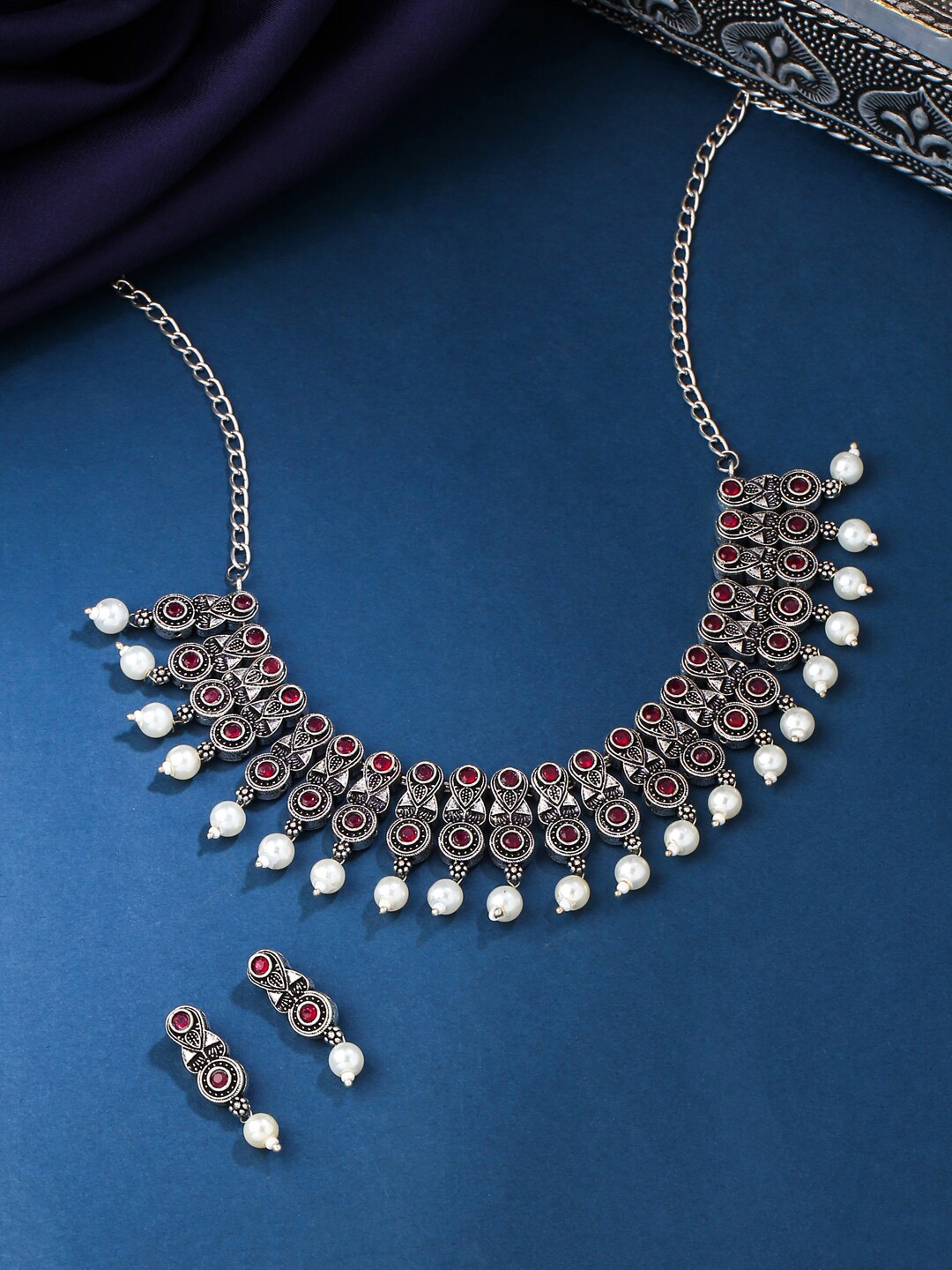 

THE AAB STUDIO Oxidised Silver-Plated Pink Stones Studded Jewellery Set