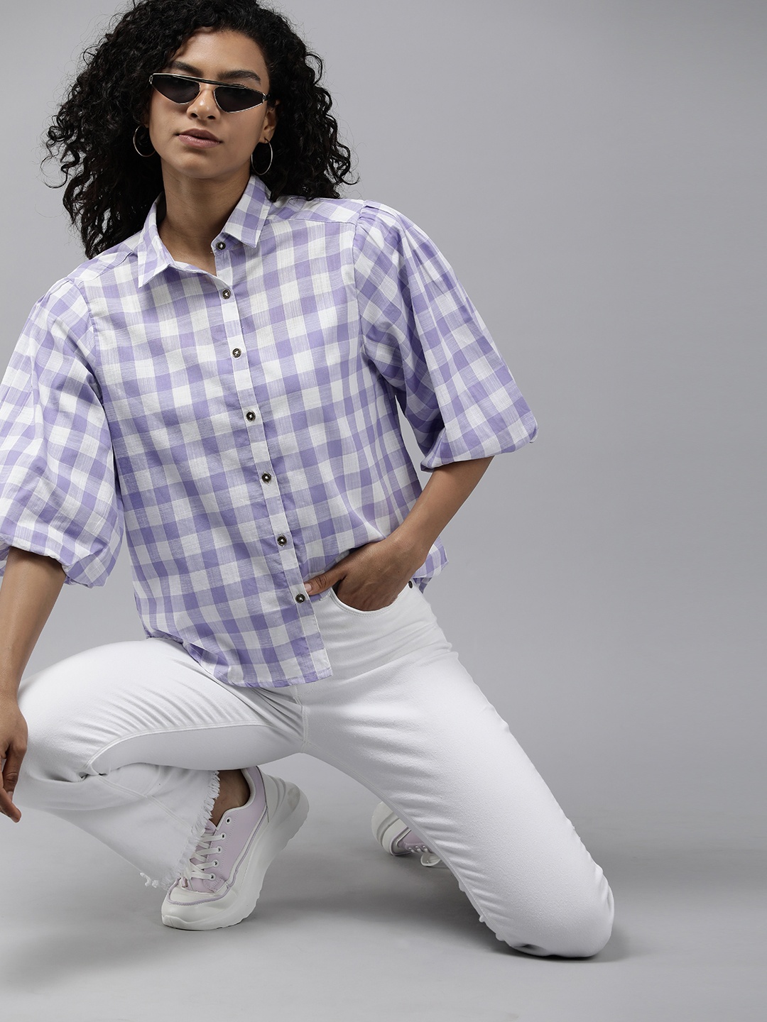 

The Roadster Life Co. Balloon Sleeves Pure Cotton Checked Casual Shirt, Lavender