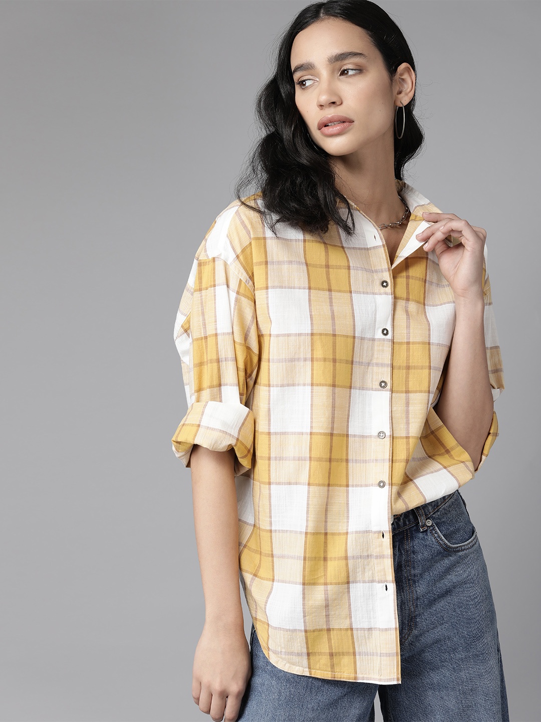 

The Roadster Lifestyle Co. Women Pure Cotton Tartan Checked Oversized Casual Shirt, Mustard
