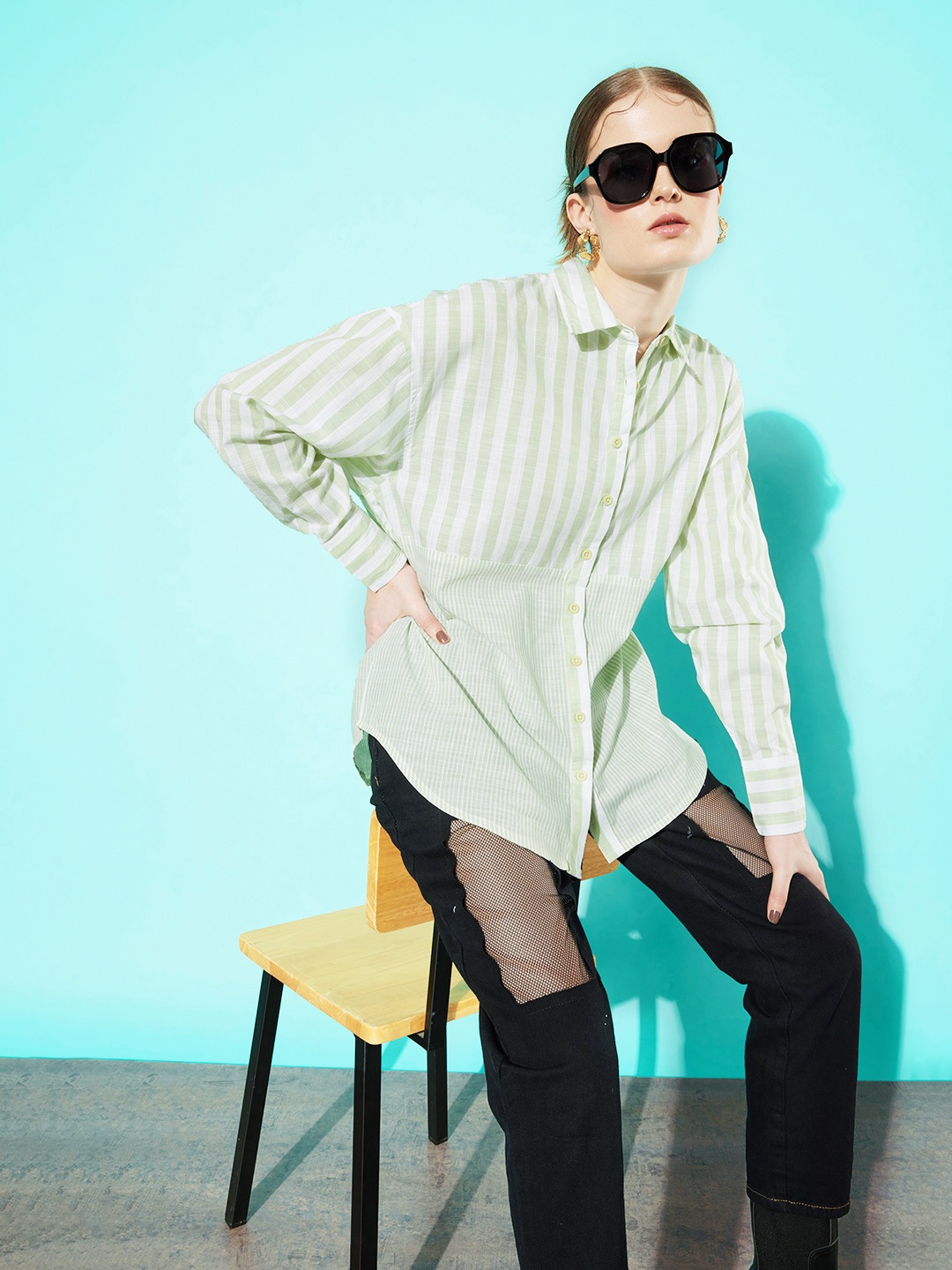 

The Roadster Life Co. Pista Green Striped Oversized Pure Cotton Casual Shirt