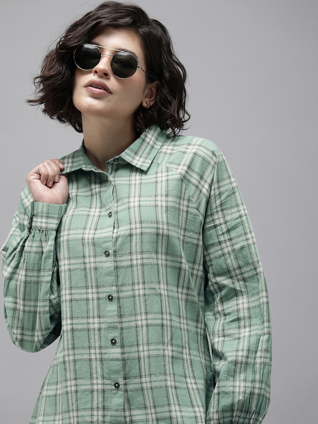 

The Roadster Life Co. Pure Cotton Tartan Checked Raglan Puffed Sleeves Casual Shirt, Green