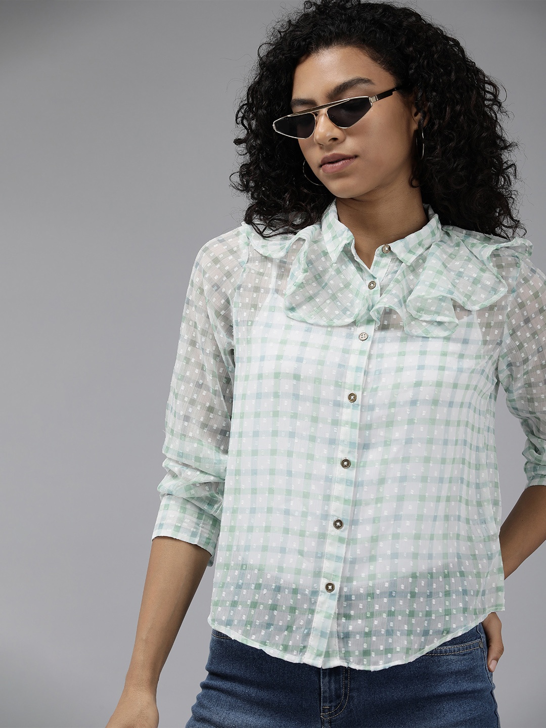 

The Roadster Life Co. Caped Collar Sheer Checked Dobby Casual Shirt, Green