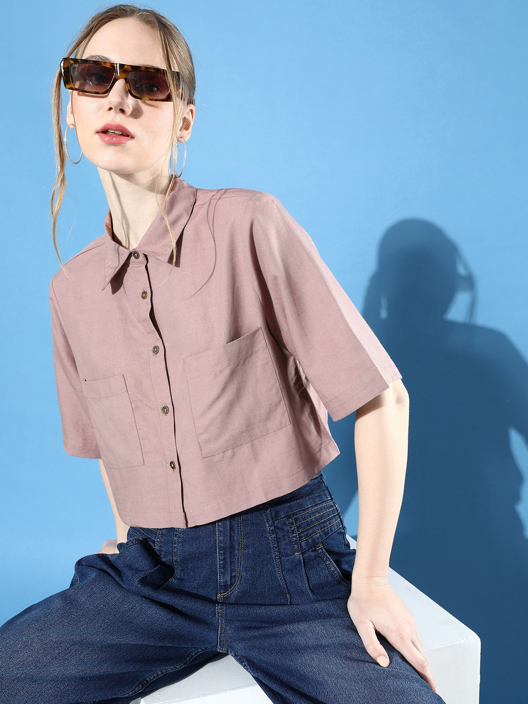 

The Roadster Lifestyle Co. Women Twilight Mauve Casual Crop We May Party Neutility Shirt