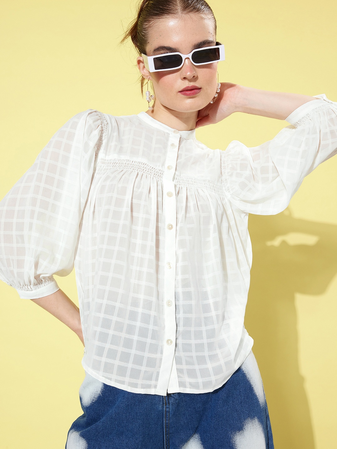 

Roadster Women Semi Sheer Checked Shirring Casual Shirt, White