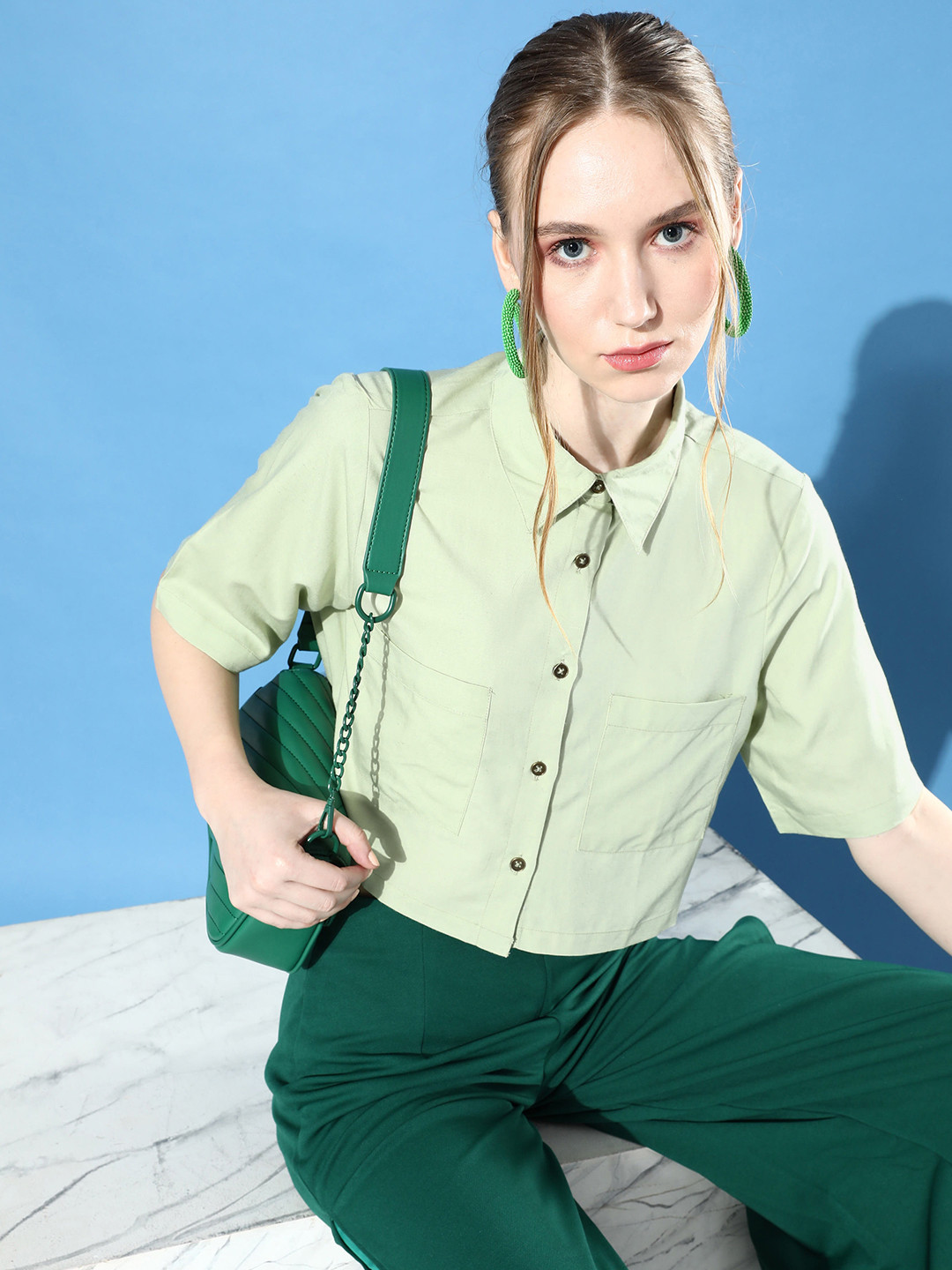 

The Roadster Lifestyle Co. Women Light Green Casual Crop We May Party Neutility Shirt