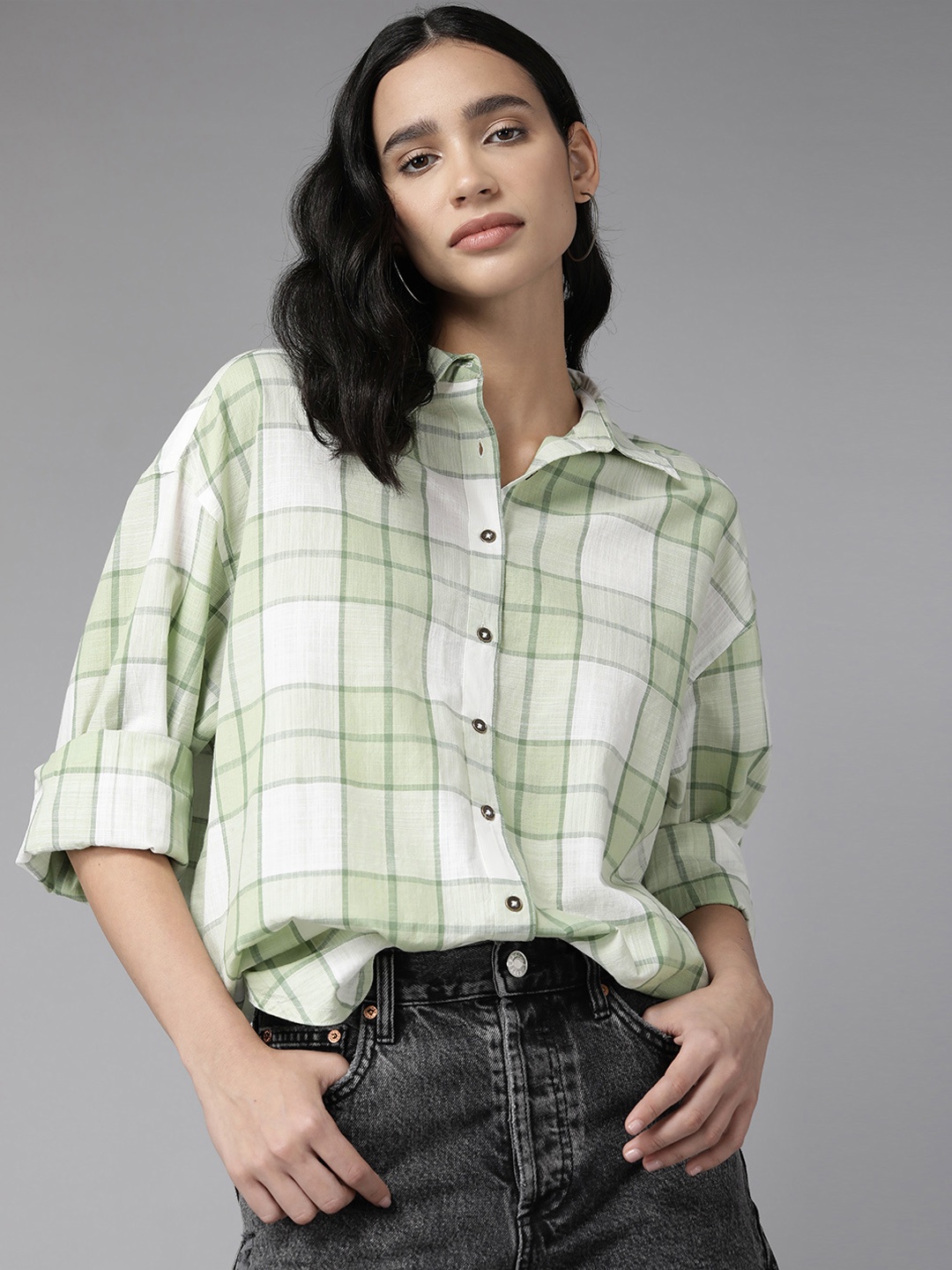 

The Roadster Lifestyle Co. Women Pure Cotton Tartan Checked Oversized Casual Shirt, Green