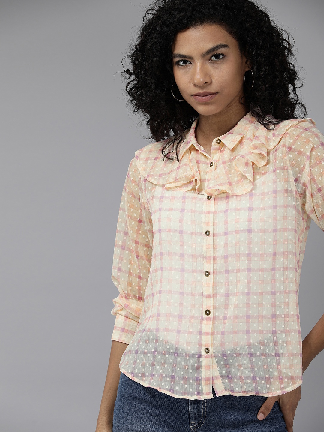 

The Roadster Life Co. Caped Collar Sheer Checked Dobby Casual Shirt, Peach