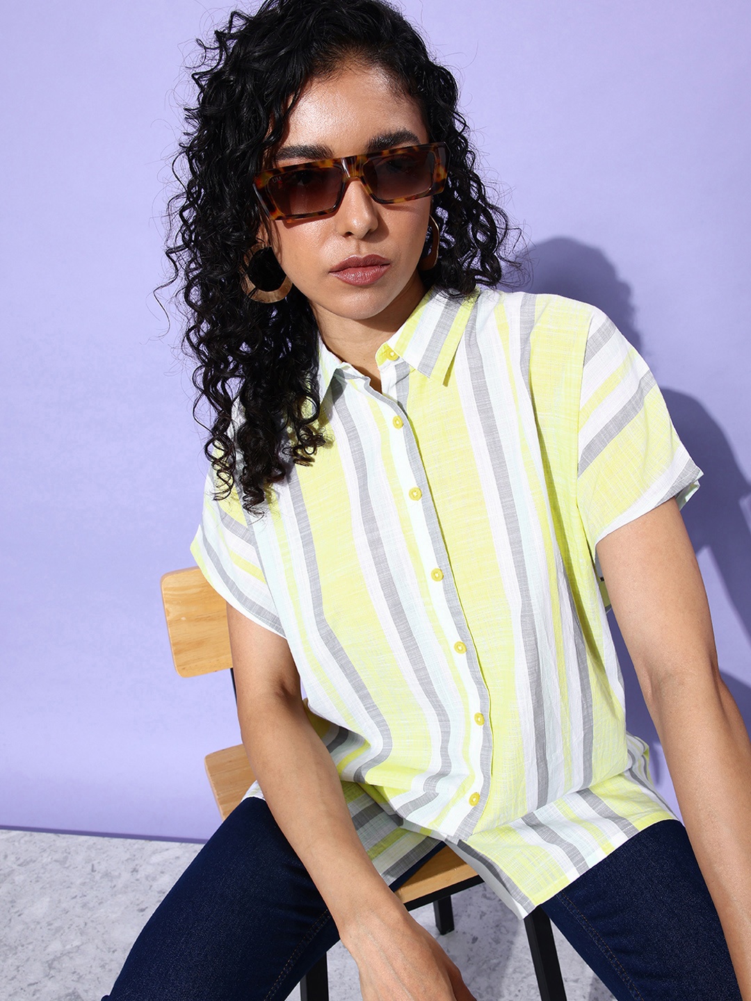 

The Roadster Life Co. Lime Green Striped Pure Cotton Casual Oversized Shirt