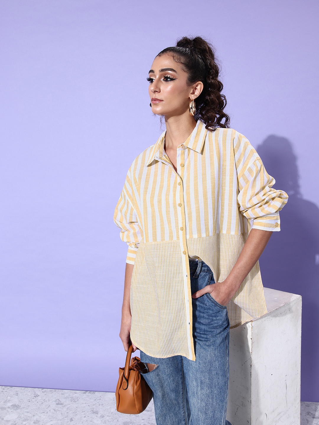 

The Roadster Life Co. Striped Pure Cotton Longline Casual Shirt, Mustard