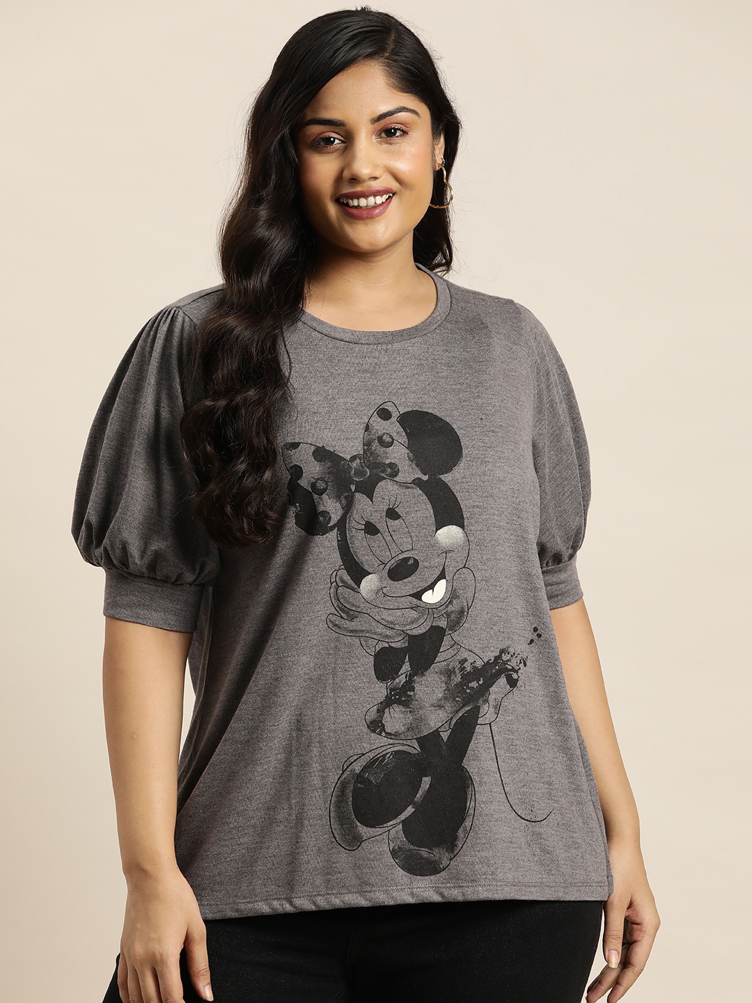 

Sztori Disney Plus Size Printed Puff Sleeves T-shirt, Grey