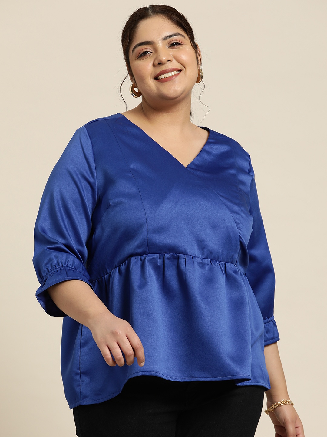 

Sztori Plus Size Satin Finish Wrap Top, Blue